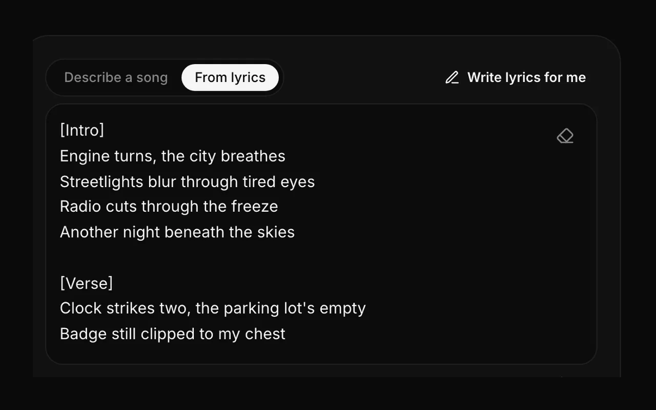 Lyrics written from a one-line idea, with Intro and Verse tags, in the From lyrics box next to the Write lyrics for me button