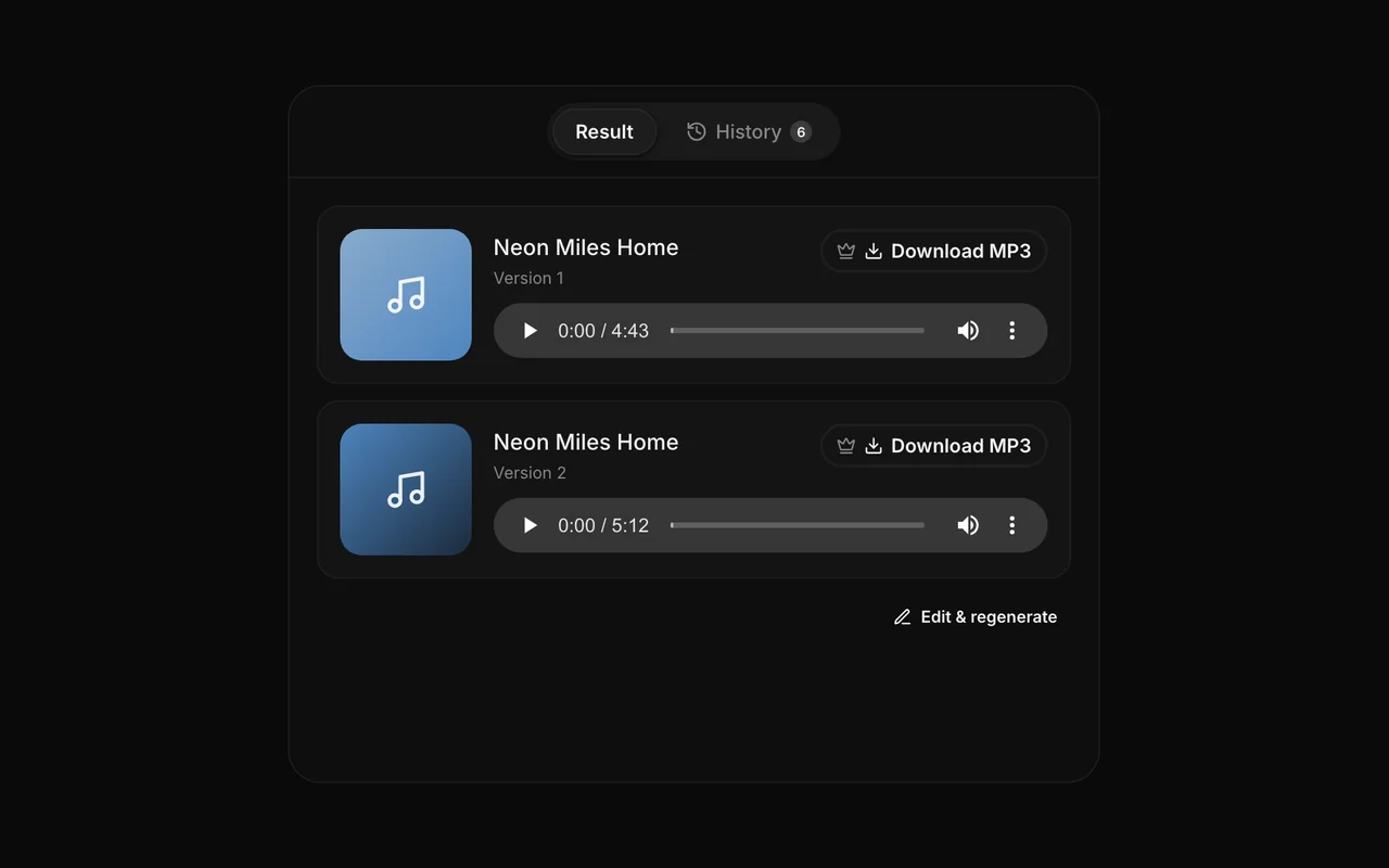 Two generated songs with browser players and Download MP3 buttons marked with a crown
