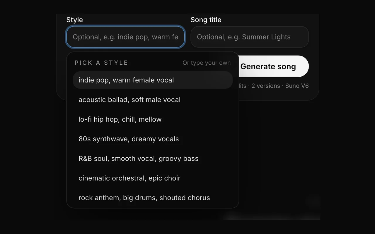 The style box open in the workbench with presets such as indie pop, lo-fi hip hop and 80s synthwave