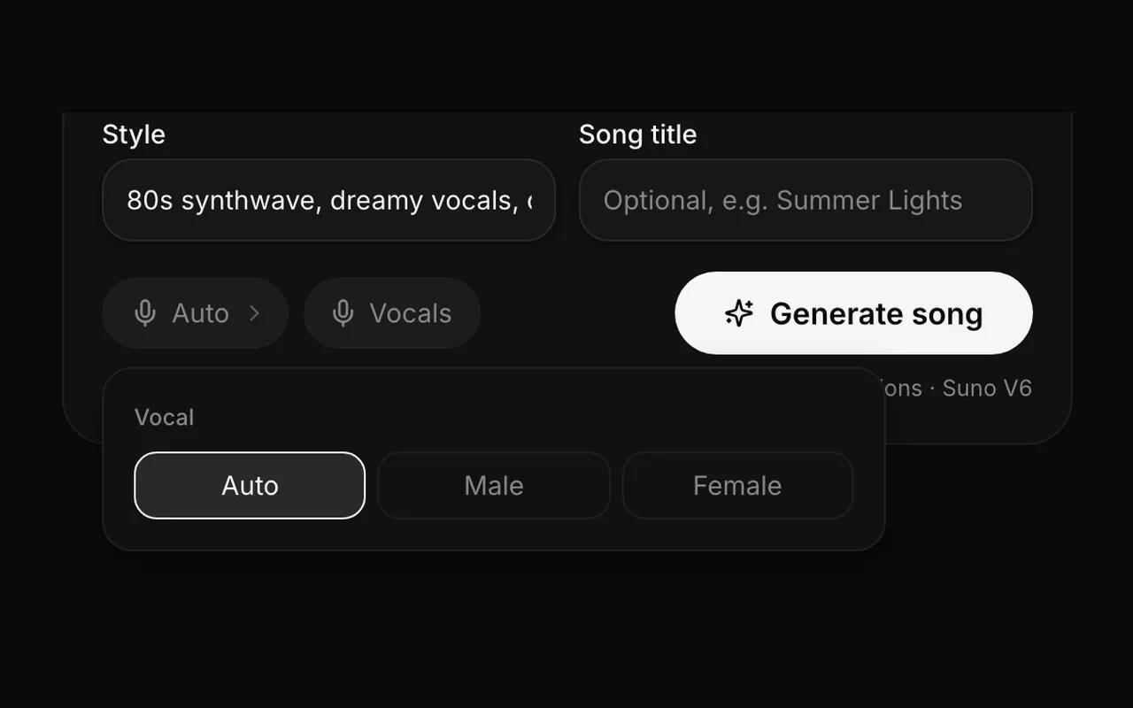 The song settings panel with the vocal options Auto, Male and Female next to the Vocals switch