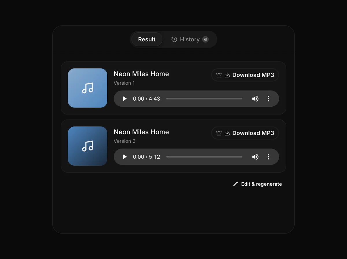 The Result tab showing two versions of Neon Miles Home with players and Download MP3 buttons