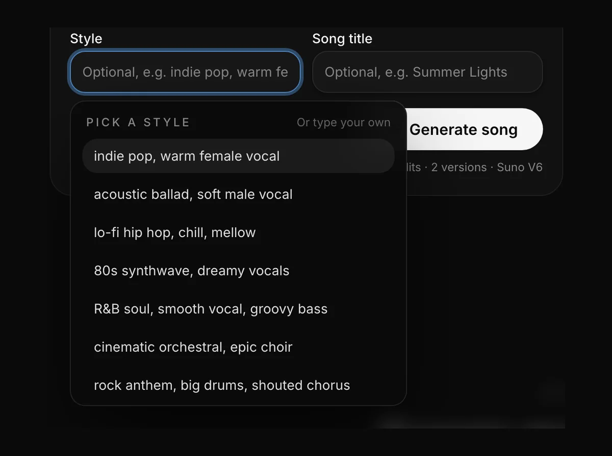 The style box open with its list of style presets in the YueMusic workbench