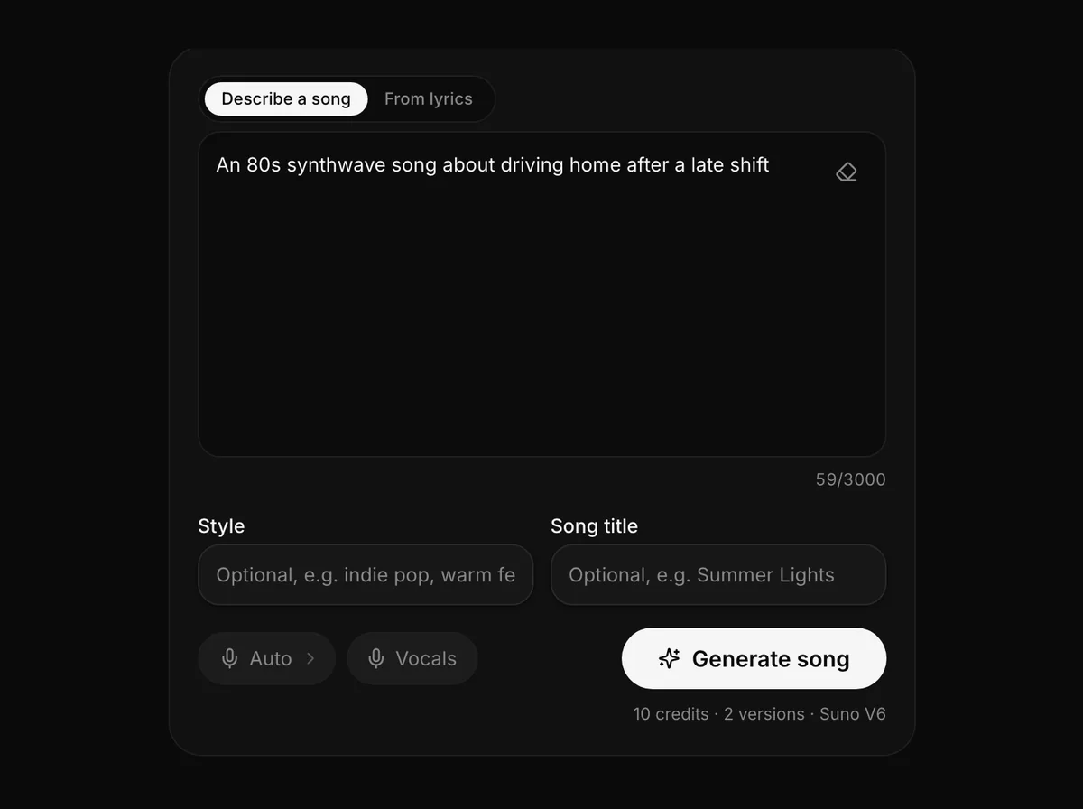 The YueMusic workbench with a one-line song idea typed into the Describe a song box