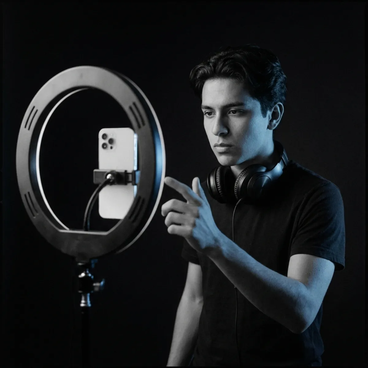 A creator filming a short vertical video with music playing